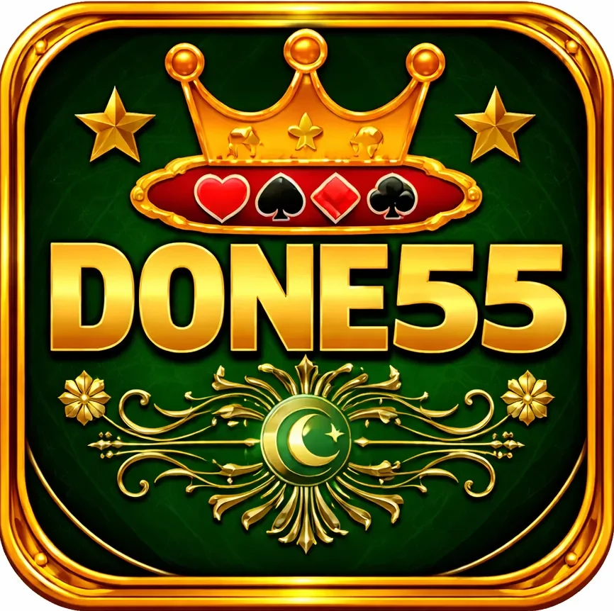 DONE55 square gold casino logo with crown, card suit symbols, and green background