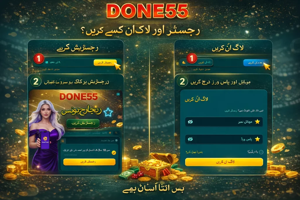 Step by step guide showing how to register and login on DONE55 online platform