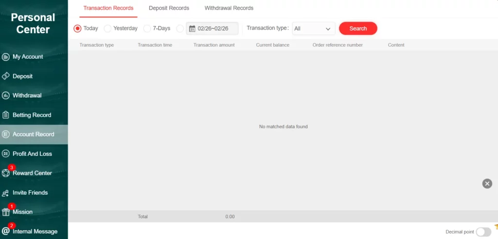 History of funds in the account