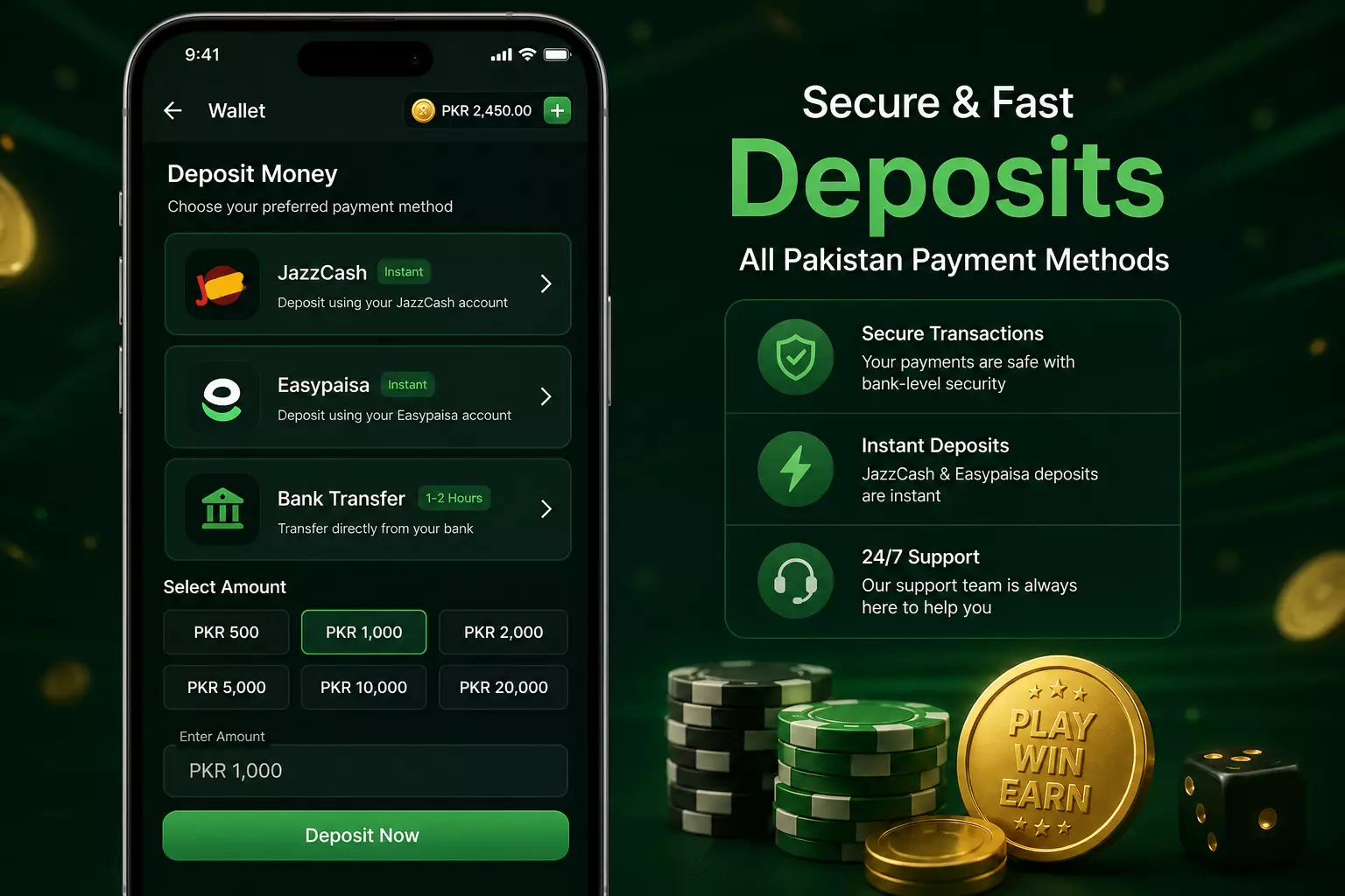 Wallet deposit options with JazzCash and Easypaisa for Pakistani users